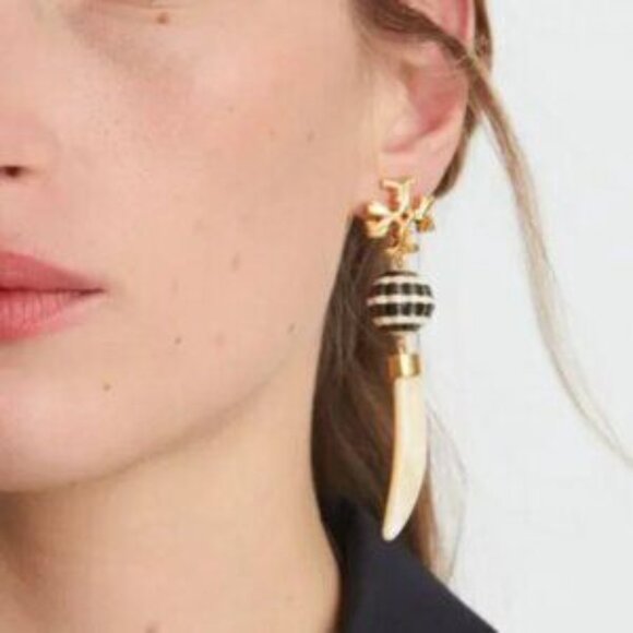Tory Burch Horn Drop Statement Earrings in 18k Gold - Picture 4 of 5